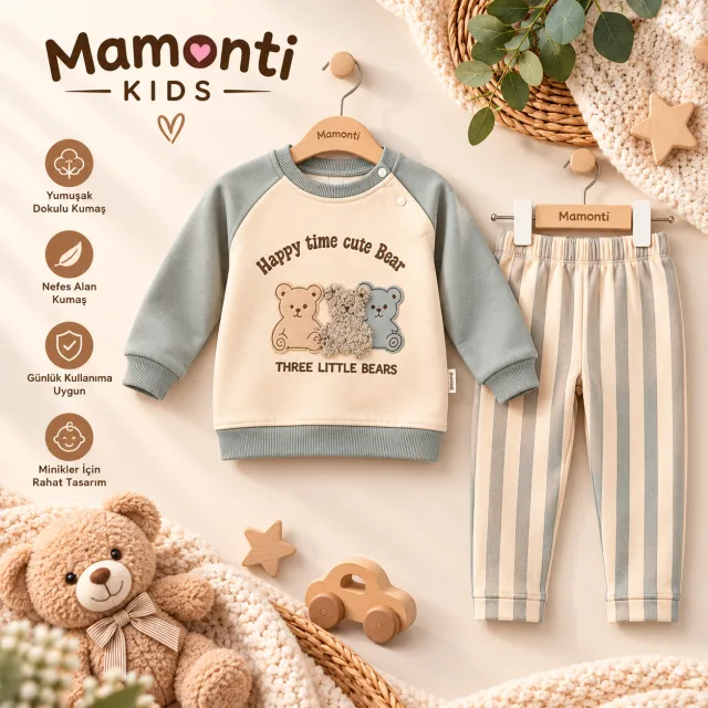 Three Little Bears 3 Ayıcık Nakışlı Çizgili Pantolonlu 2’li Bebek Takımı
