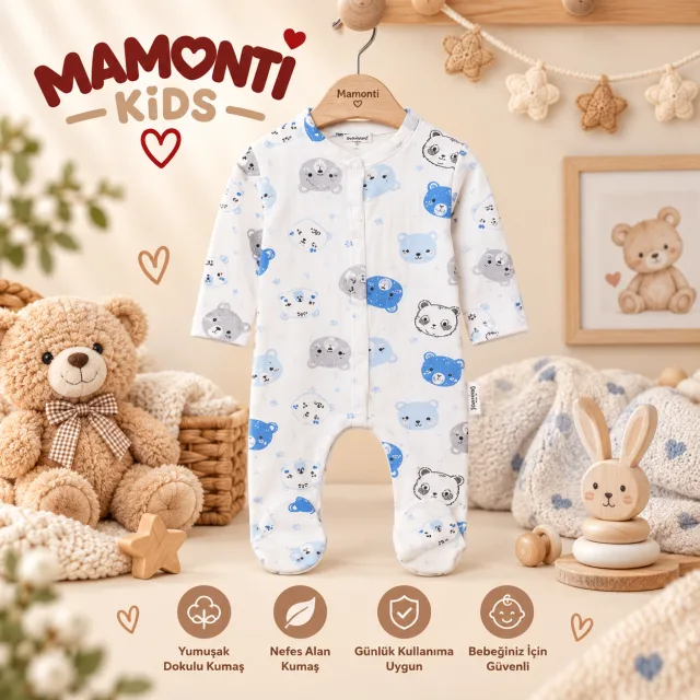 Mamonti Kids Ayıcık Desenli Patikli Bebek Tulumu