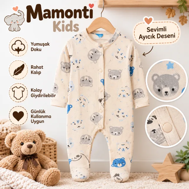 Ayıcık Desenli Patikli Bebek Tulumu