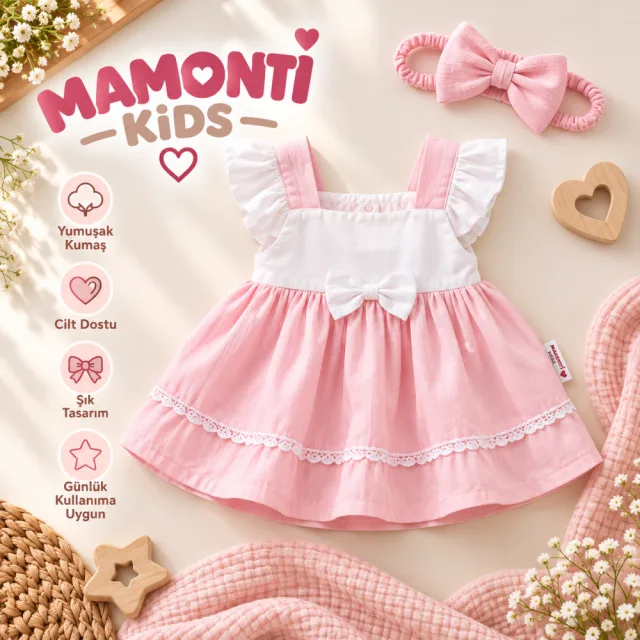 Fiyonklu Fırfırlı Kız Bebek Elbisesi