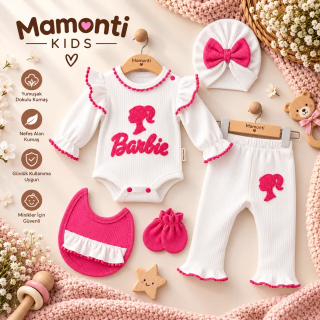 Kids Barbie Desenli 5’li Kız Bebek Seti