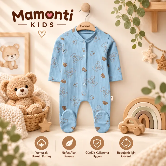 Ayıcık Desenli Kaşkorse Patikli Bebek Tulumu – Mavi