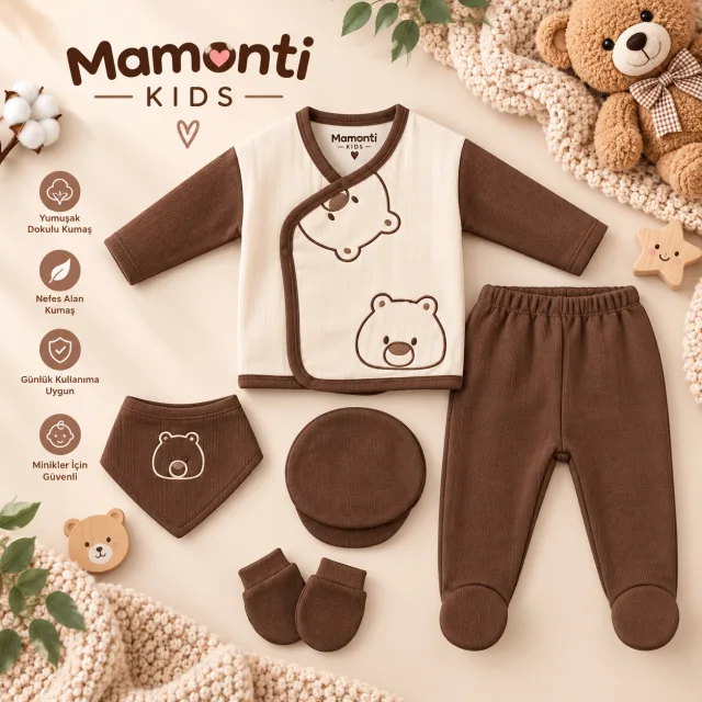 Mamonti Kids Ayıcık Desenli 5’li Yenidoğan Seti